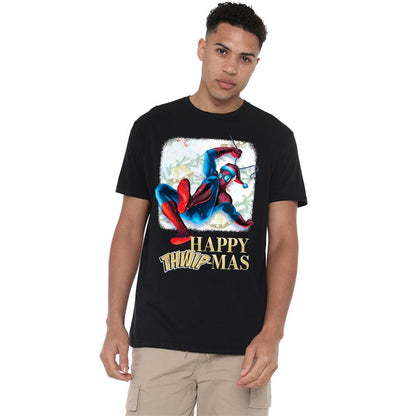 Black - Side - Spider-Man Unisex Adult Happy Thwipmas Christmas Window T-Shirt