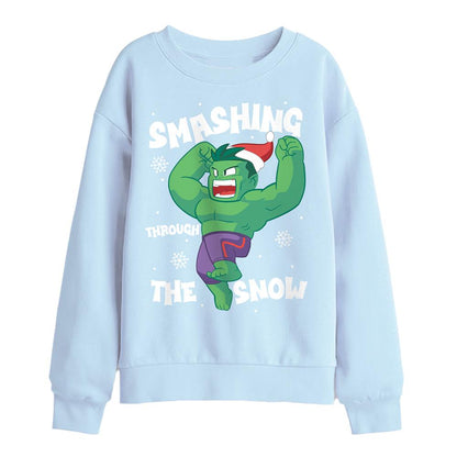 Light Blue - Front - Hulk Childrens-Kids Smashing Through The Snow Christmas Sweatshirt