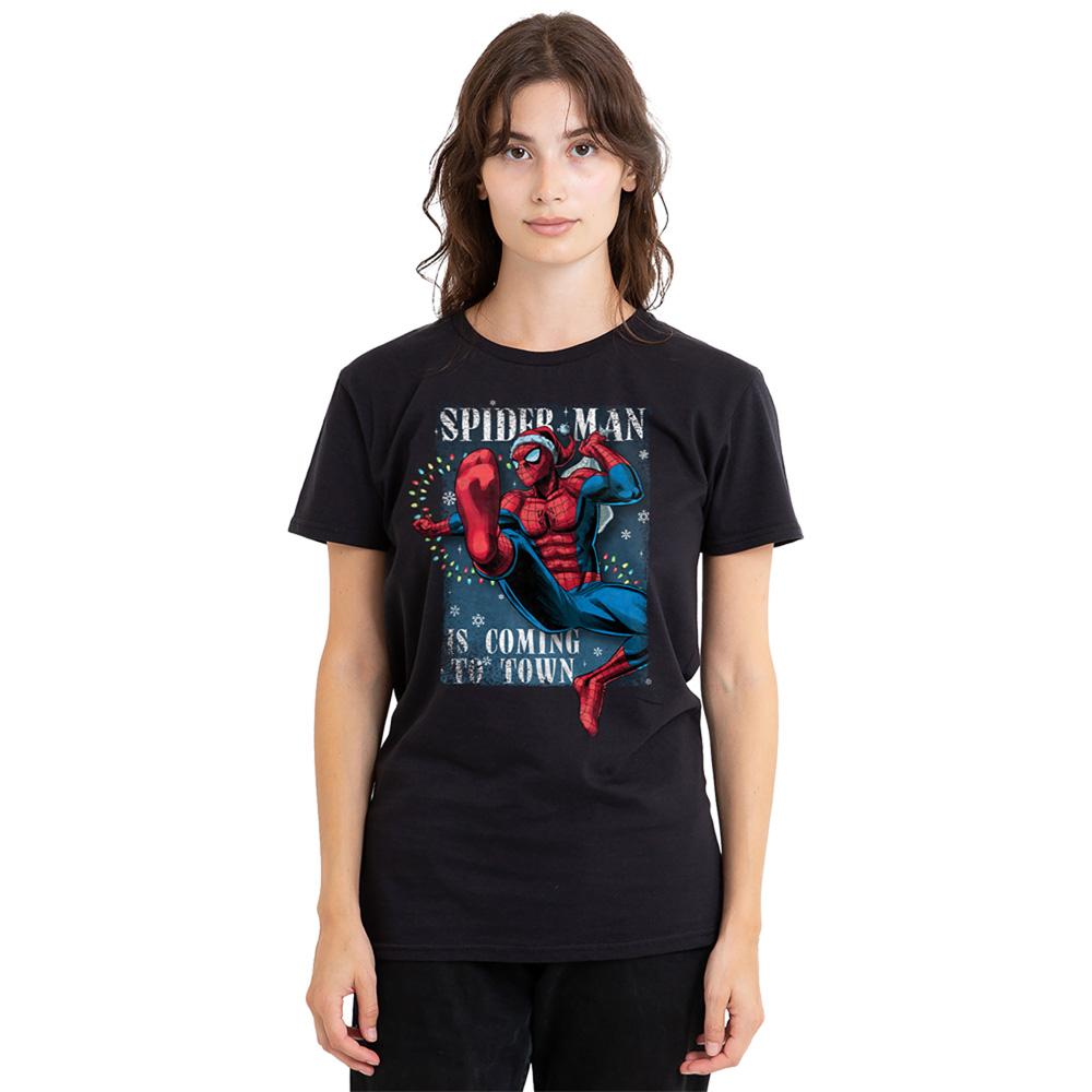Black - Lifestyle - Spider-Man Womens-Ladies Is Coming To Town Christmas T-Shirt