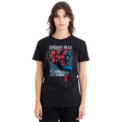 Black - Lifestyle - Spider-Man Womens-Ladies Is Coming To Town Christmas T-Shirt