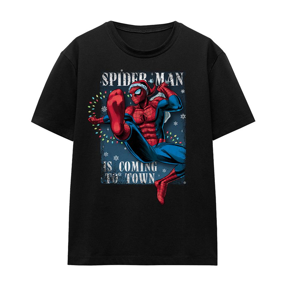Black - Front - Spider-Man Womens-Ladies Is Coming To Town Christmas T-Shirt