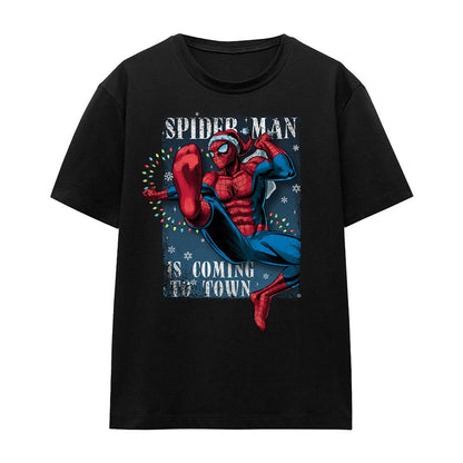Black - Front - Spider-Man Womens-Ladies Is Coming To Town Christmas T-Shirt