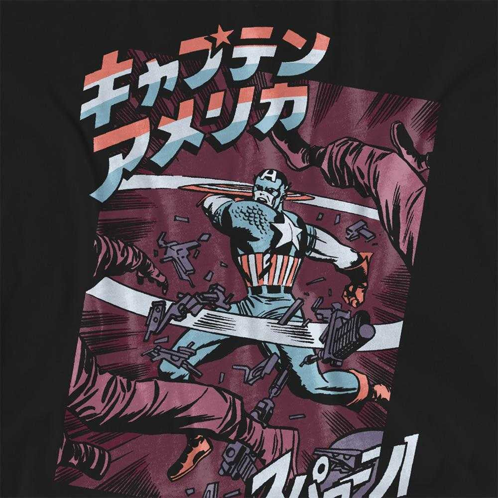Black - Side - Captain America Womens-Ladies Japanese Strike Retro T-Shirt