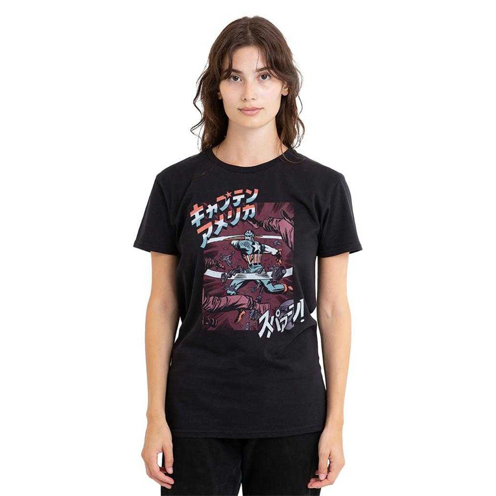 Black - Lifestyle - Captain America Womens-Ladies Japanese Strike Retro T-Shirt