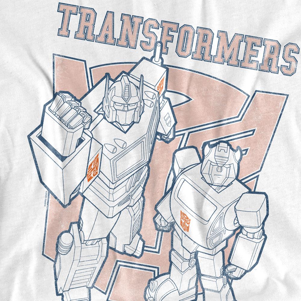 White - Side - Transformers Unisex Adult Generations Optimus Prime & Bumblebee Collegiate T-Shirt