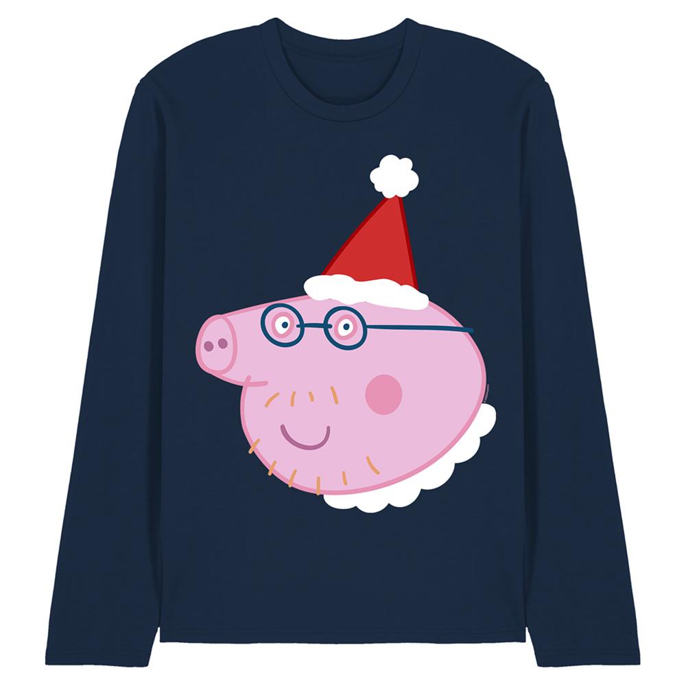 Navy - Front - Peppa Pig Unisex Adult Daddy Pig Santa Hat Long-Sleeved T-Shirt