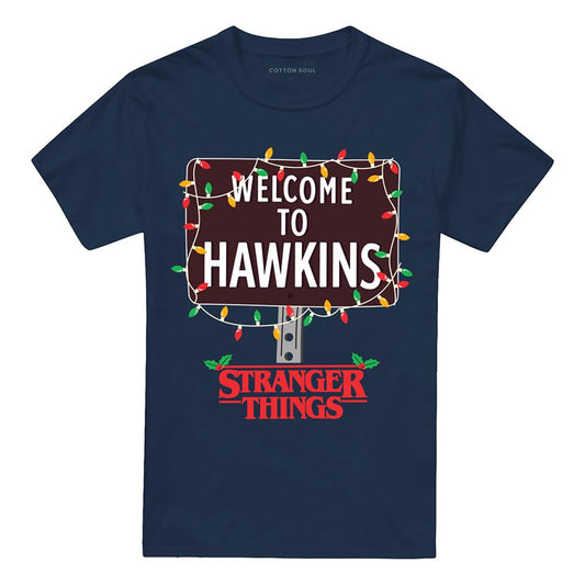 Navy - Front - Stranger Things Unisex Adult Welcome To Hawkins Christmas T-Shirt