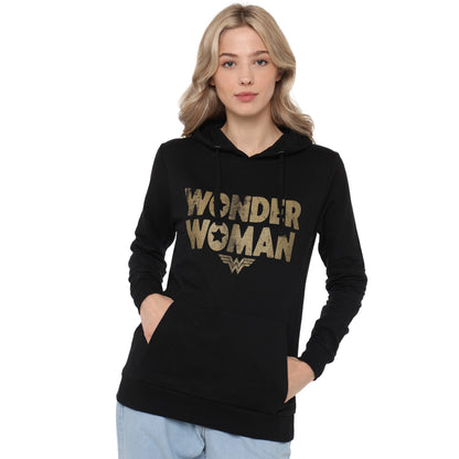 Black - Side - Wonder Woman Womens-Ladies Metallic Logo Hoodie