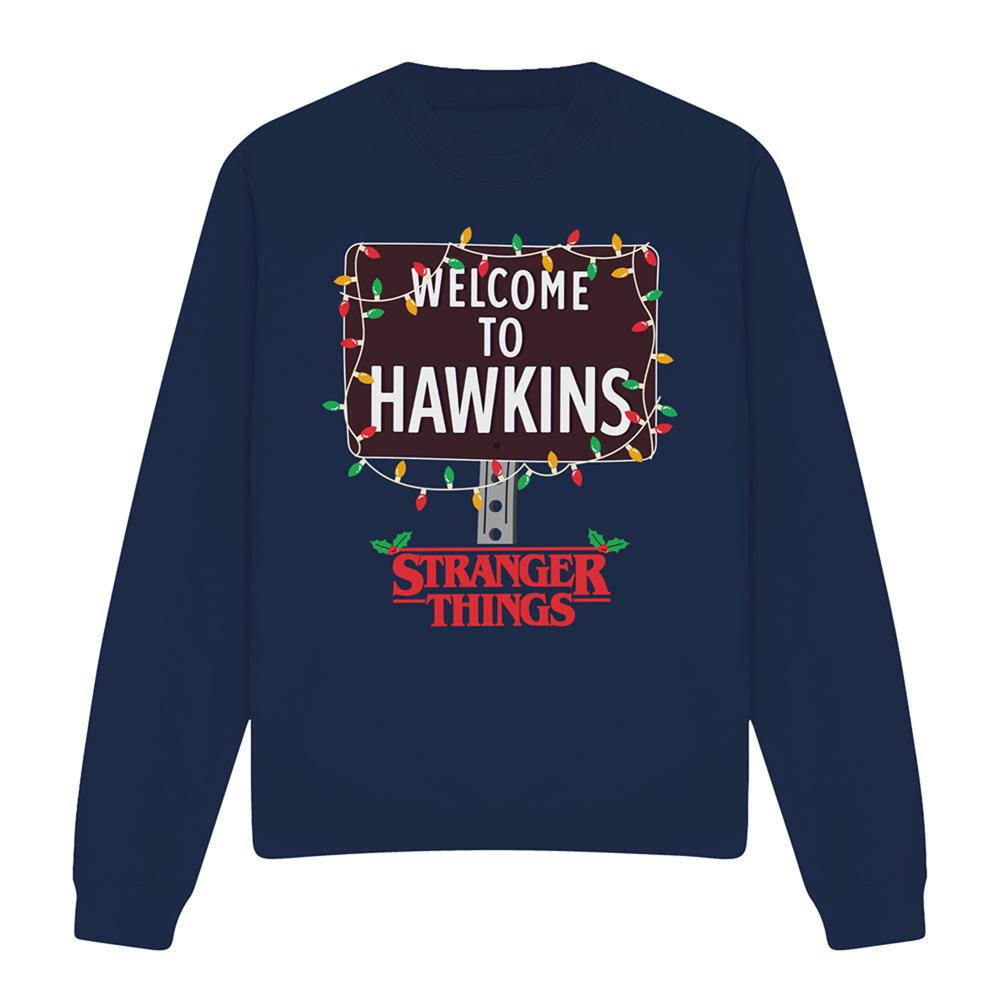 Navy - Front - Stranger Things Unisex Adult Welcome To Hawkins Christmas Sweatshirt