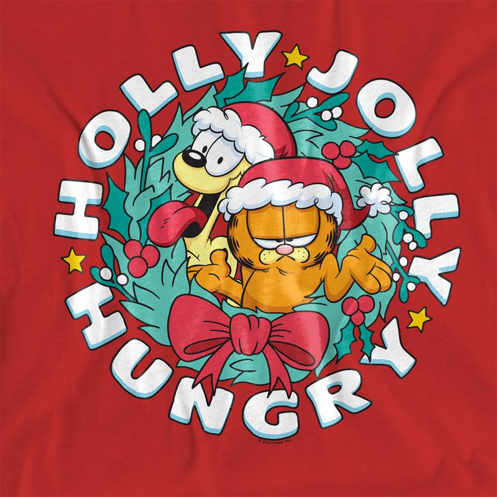 Red - Side - Garfield Womens-Ladies Holly Jolly Hungry Odie Christmas T-Shirt
