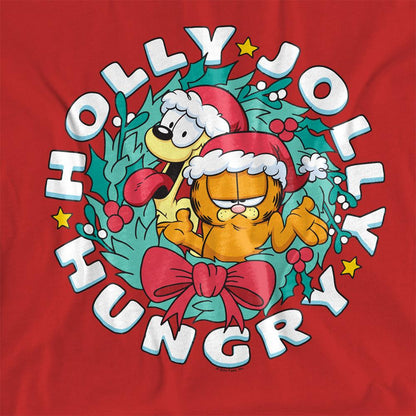 Red - Side - Garfield Womens-Ladies Holly Jolly Hungry Odie Christmas T-Shirt
