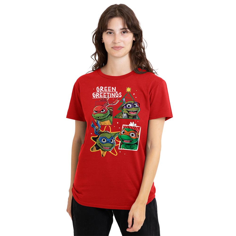 Red - Side - Teenage Mutant Ninja Turtles Womens-Ladies Green Greetings Christmas T-Shirt