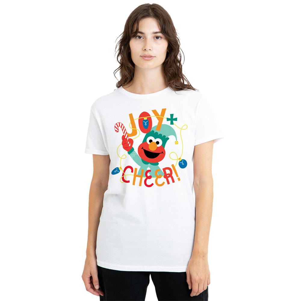 White - Side - Sesame Street Womens-Ladies Joy And Cheer With Elmo Christmas T-Shirt