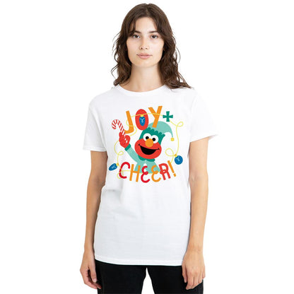 White - Side - Sesame Street Womens-Ladies Joy And Cheer With Elmo Christmas T-Shirt