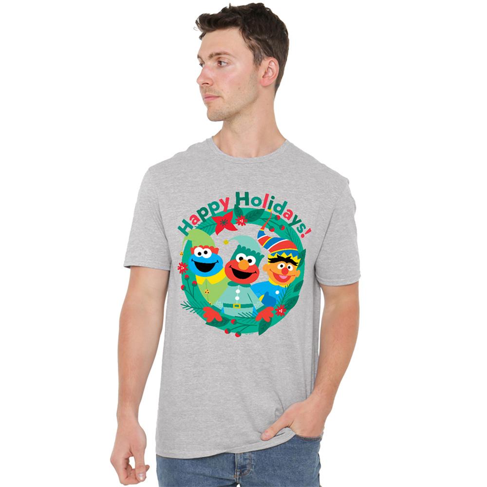Athletic Heather - Side - Sesame Street Unisex Adult Happy Holidays Elf Heather Christmas T-Shirt