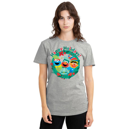 Athletic Heather - Side - Sesame Street Womens-Ladies Happy Holidays Elf Heather Christmas T-Shirt