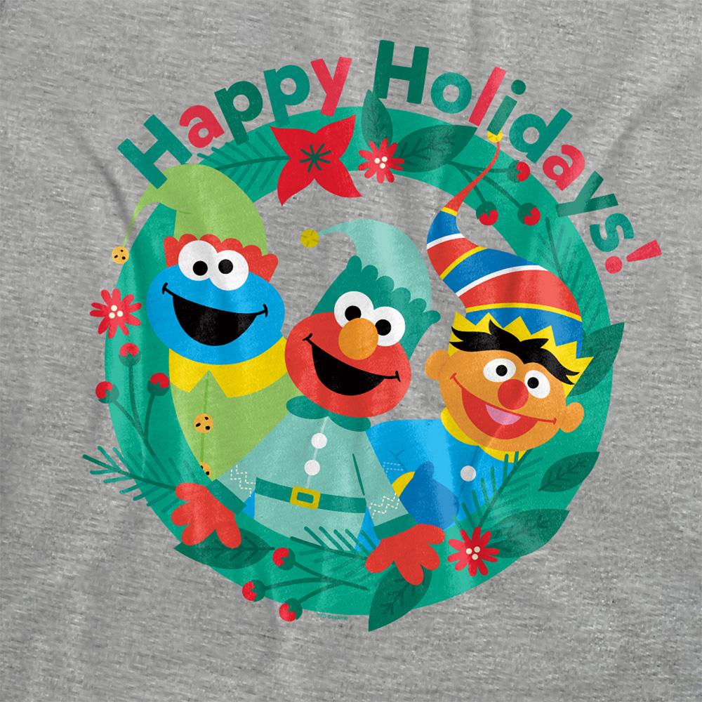 Athletic Heather - Pack Shot - Sesame Street Womens-Ladies Happy Holidays Elf Heather Christmas T-Shirt