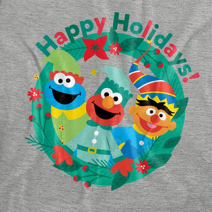 Athletic Heather - Pack Shot - Sesame Street Womens-Ladies Happy Holidays Elf Heather Christmas T-Shirt