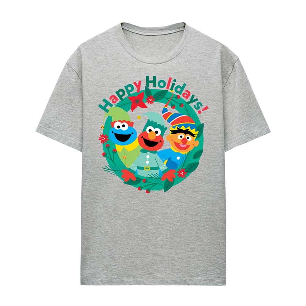 Athletic Heather - Front - Sesame Street Womens-Ladies Happy Holidays Elf Heather Christmas T-Shirt