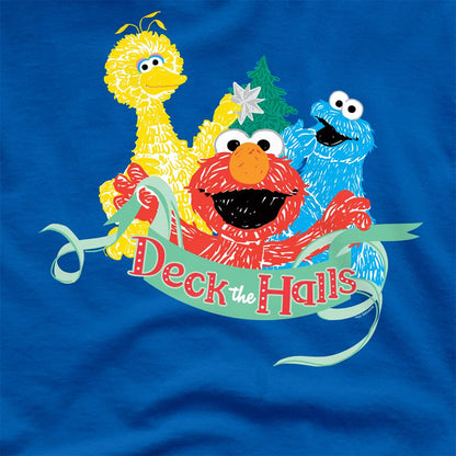 Royal Blue - Pack Shot - Sesame Street Unisex Adult Deck The Halls Christmas T-Shirt