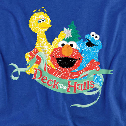 Royal Blue - Side - Sesame Street Unisex Adult Deck The Halls Christmas T-Shirt