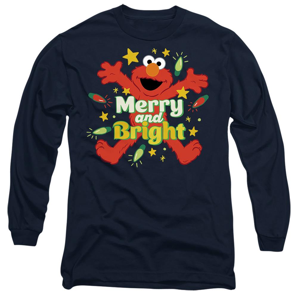 Navy - Front - Sesame Street Unisex Adult Merry And Bright Elmo Long-Sleeved Christmas T-Shirt