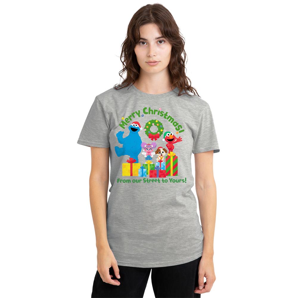 Athletic Heather - Side - Sesame Street Womens-Ladies From Our Street To Yours Heather Christmas T-Shirt