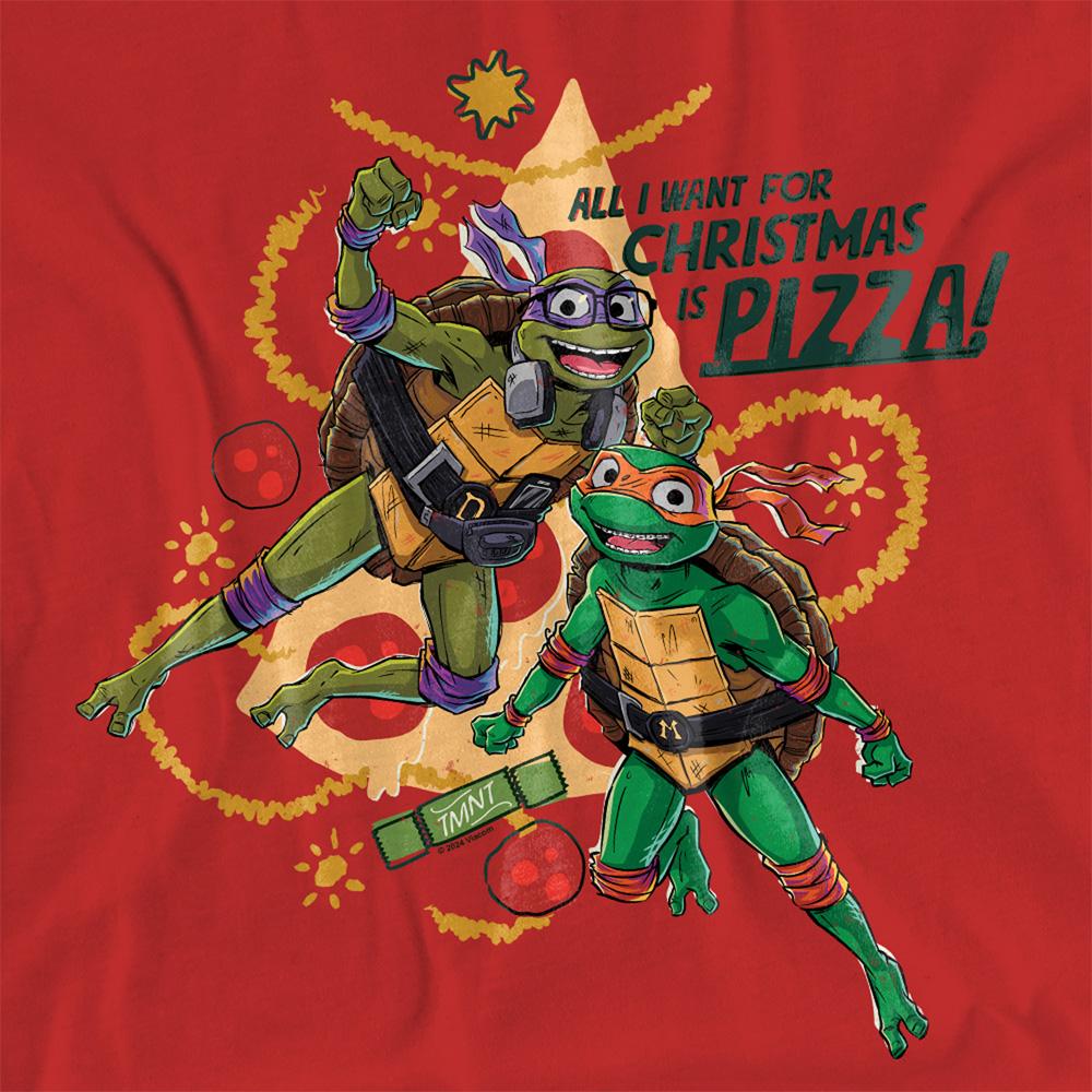 Red - Side - Teenage Mutant Ninja Turtles: Mutant Mayhem Womens-Ladies Michelangelo & Donatello Pizza Christmas T-Shirt