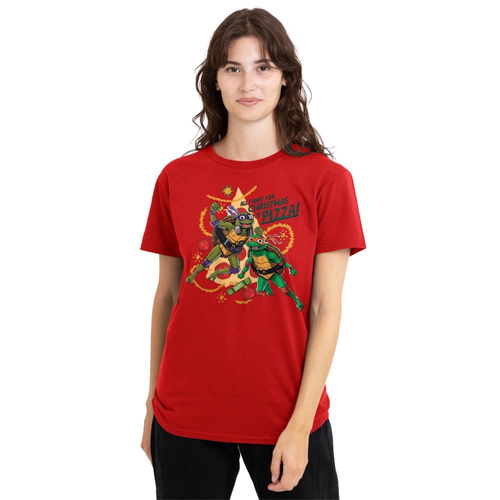 Red - Lifestyle - Teenage Mutant Ninja Turtles: Mutant Mayhem Womens-Ladies Michelangelo & Donatello Pizza Christmas T-Shirt