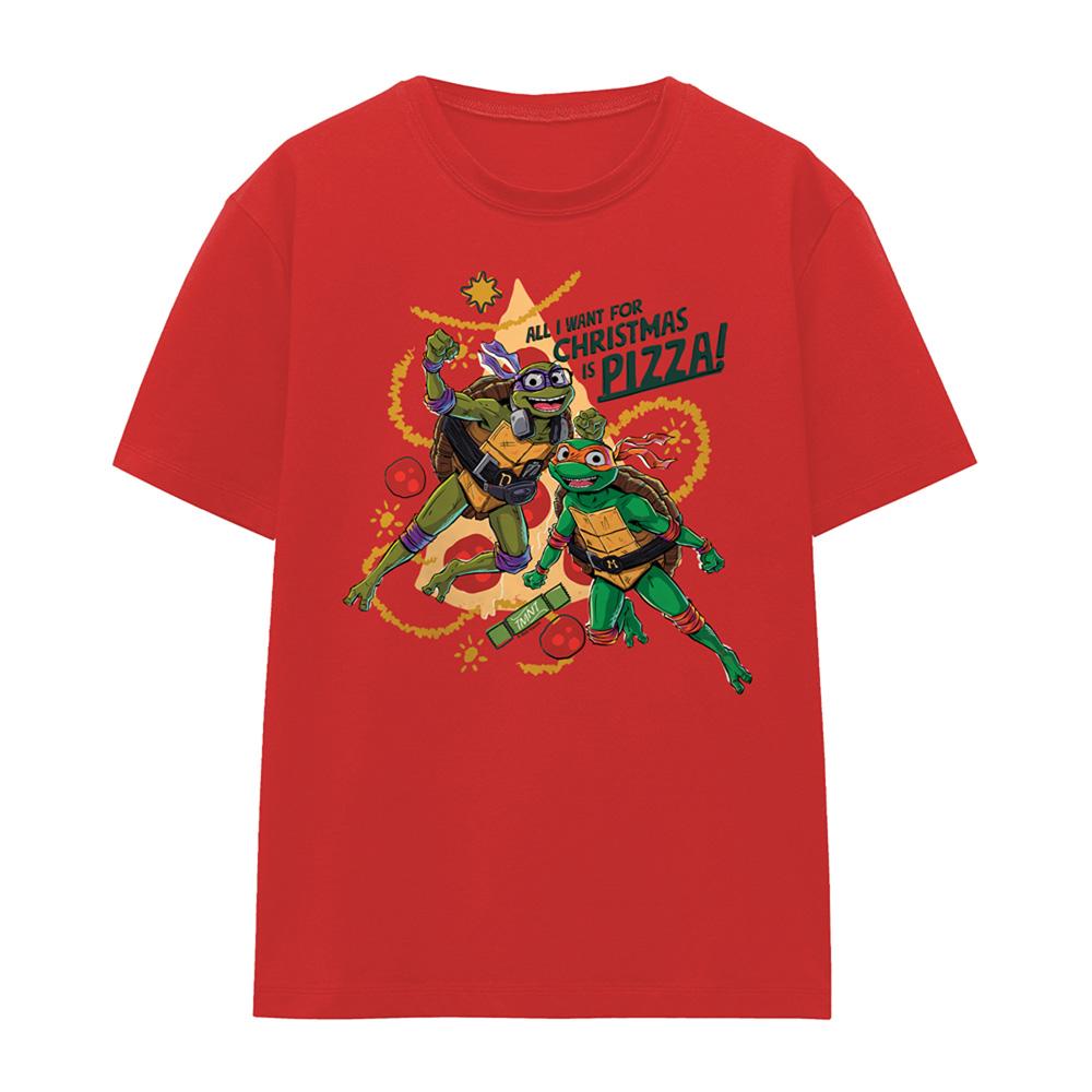 Red - Front - Teenage Mutant Ninja Turtles: Mutant Mayhem Womens-Ladies Michelangelo & Donatello Pizza Christmas T-Shirt