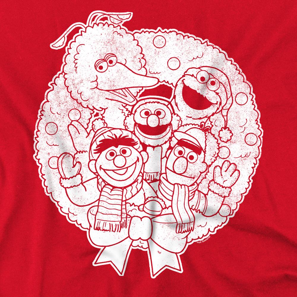 Red - Side - Sesame Street Unisex Adult Vintage Wreath Christmas T-Shirt