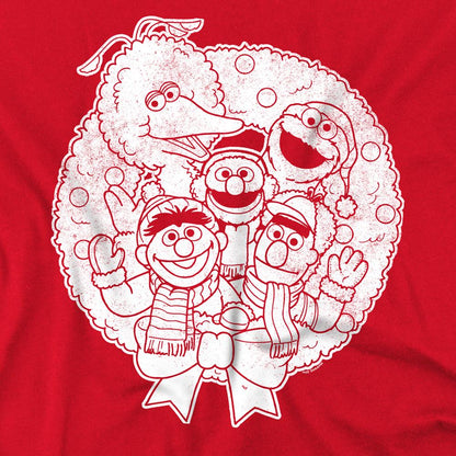 Red - Side - Sesame Street Unisex Adult Vintage Wreath Christmas T-Shirt