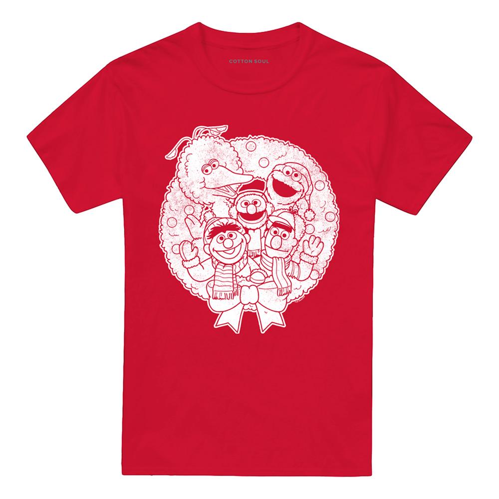 Red - Front - Sesame Street Unisex Adult Vintage Wreath Christmas T-Shirt