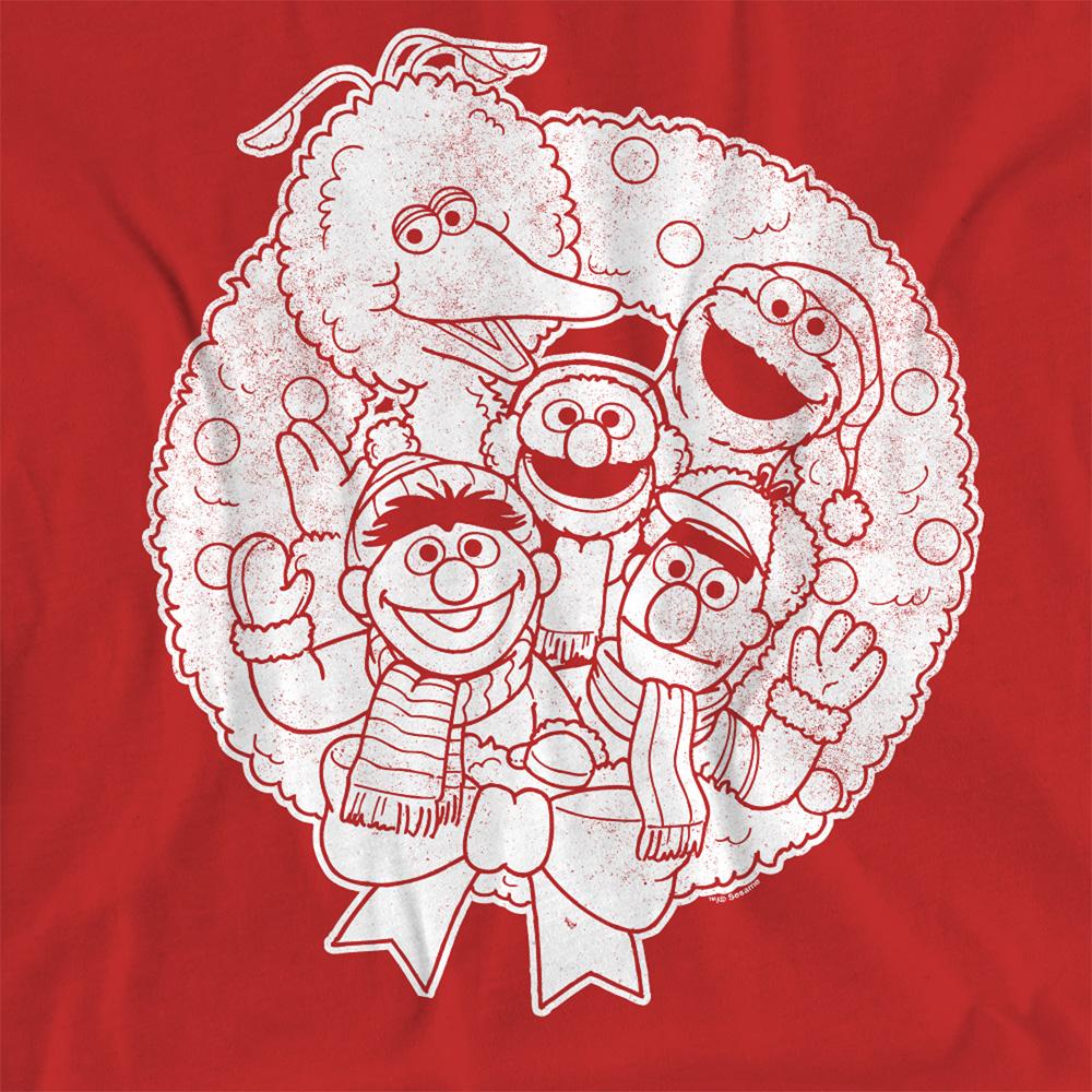 Red - Side - Sesame Street Womens-Ladies Vintage Wreath Christmas T-Shirt