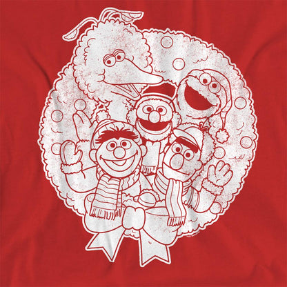 Red - Side - Sesame Street Womens-Ladies Vintage Wreath Christmas T-Shirt