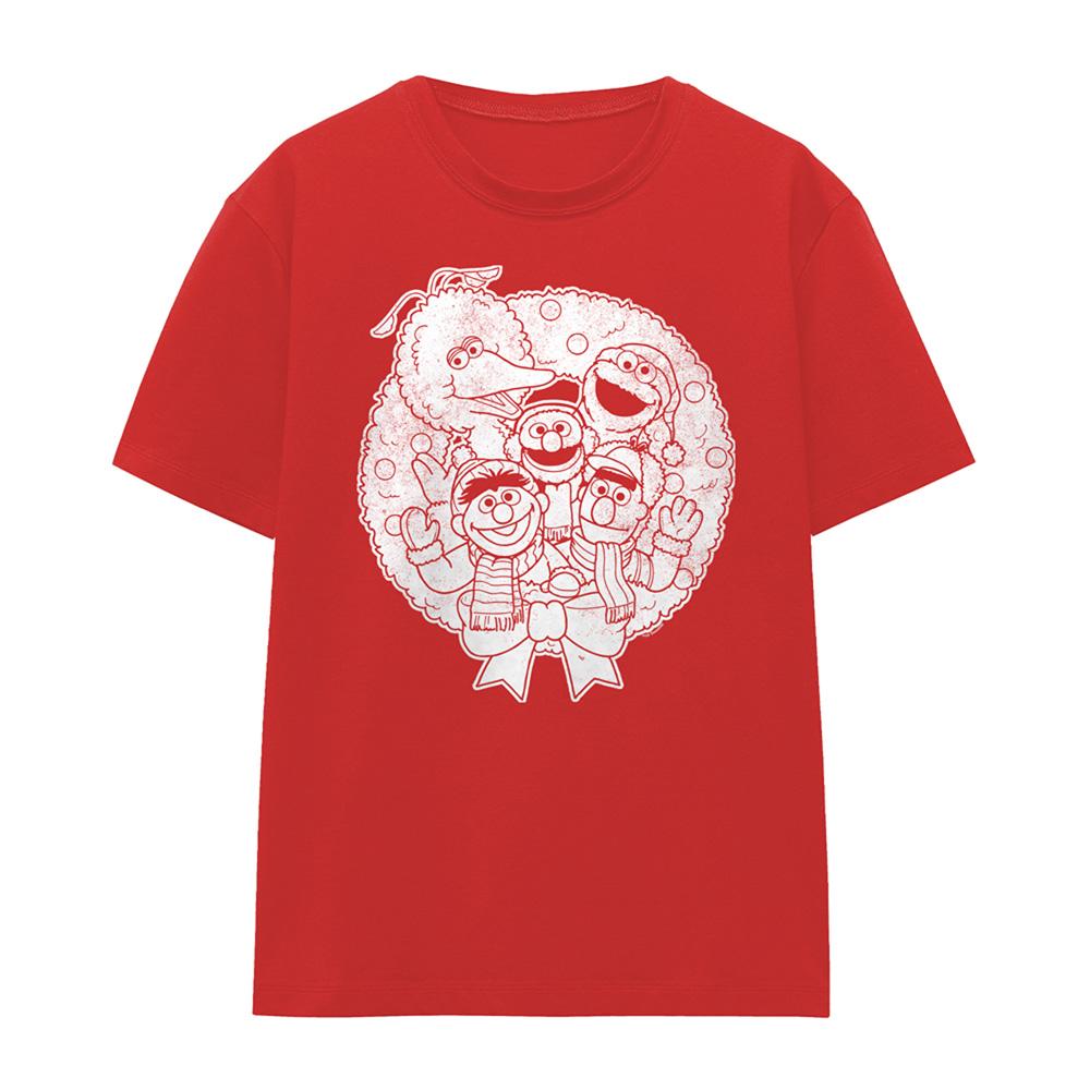 Red - Front - Sesame Street Womens-Ladies Vintage Wreath Christmas T-Shirt