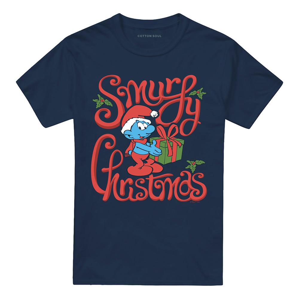 Navy - Front - The Smurfs Unisex Adult Gift Wrap Christmas T-Shirt