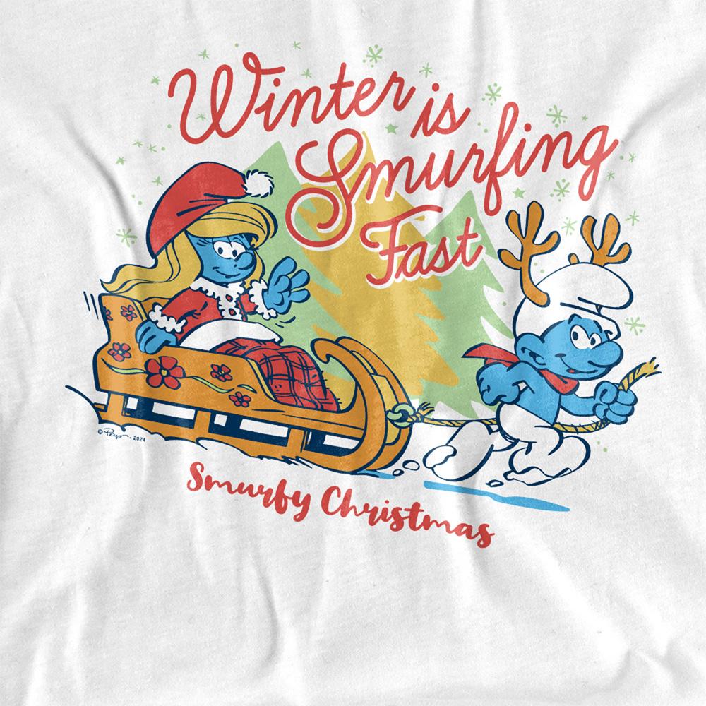 White - Side - The Smurfs Unisex Adult Winter Is Smurfing Fast Smurfette Christmas T-Shirt