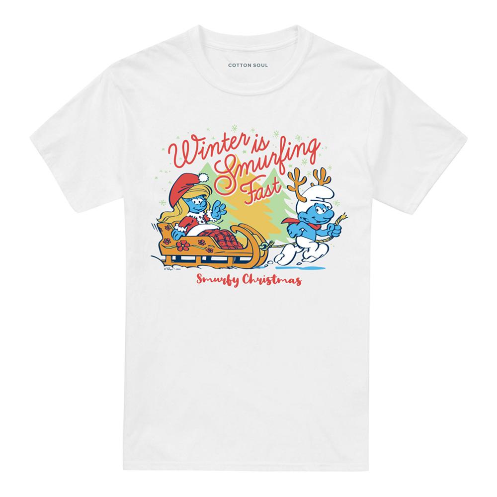 White - Front - The Smurfs Unisex Adult Winter Is Smurfing Fast Smurfette Christmas T-Shirt