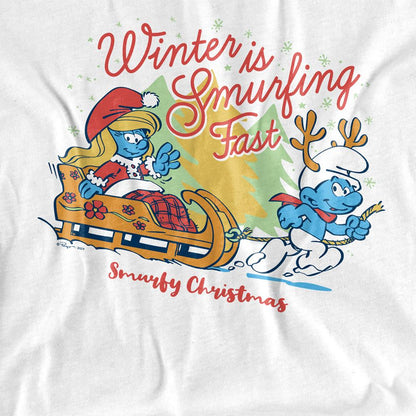 White - Side - The Smurfs Womens-Ladies Winter Is Smurfing Fast Christmas T-Shirt