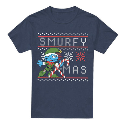 Navy - Front - The Smurfs Unisex Adult Candy Cane Christmas T-Shirt