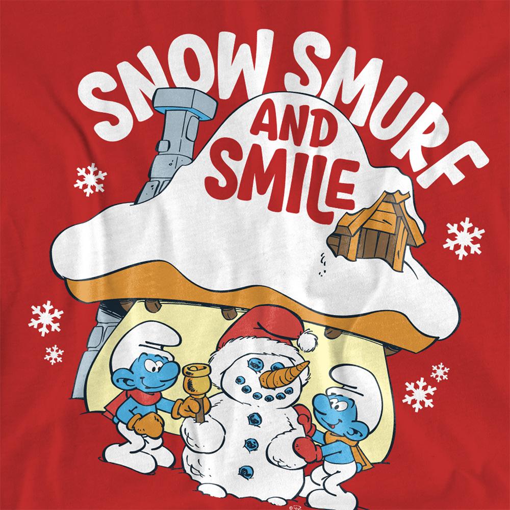 Red - Side - The Smurfs Womens-Ladies Snow Smurf And Smile Christmas T-Shirt