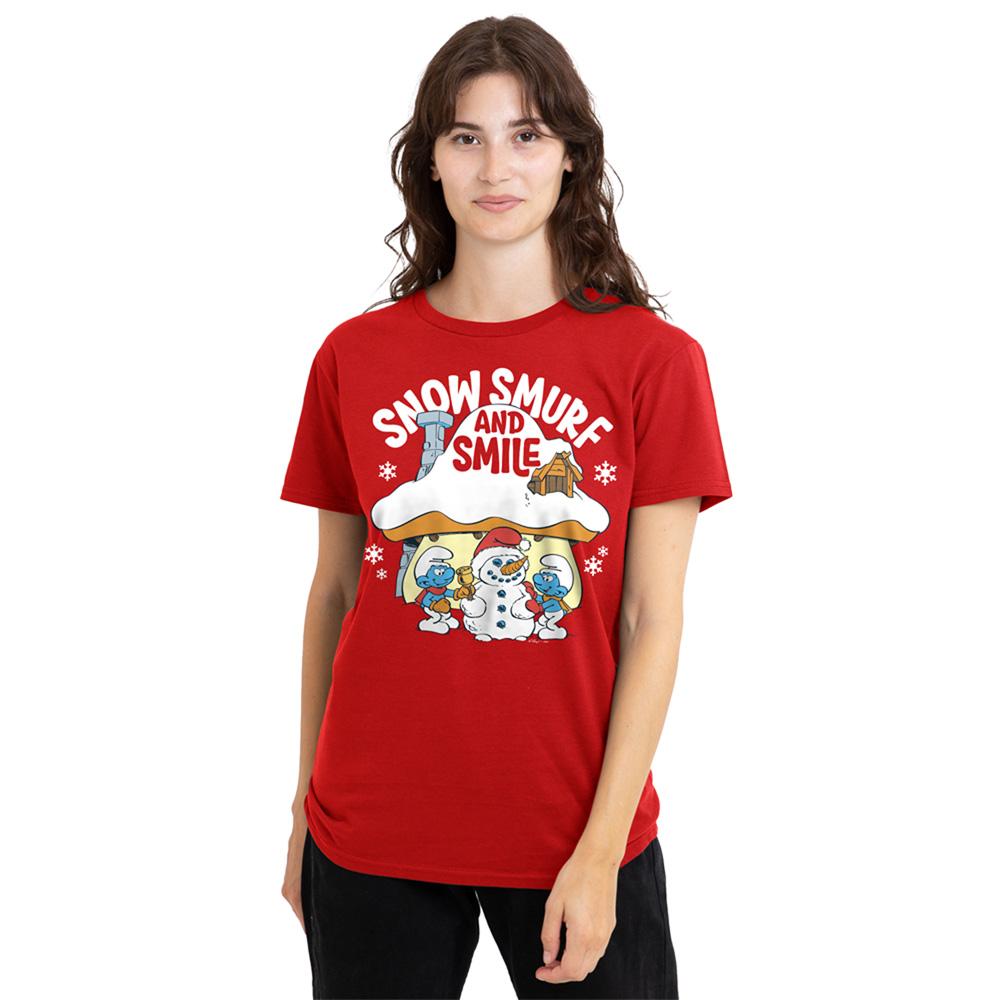Red - Lifestyle - The Smurfs Womens-Ladies Snow Smurf And Smile Christmas T-Shirt