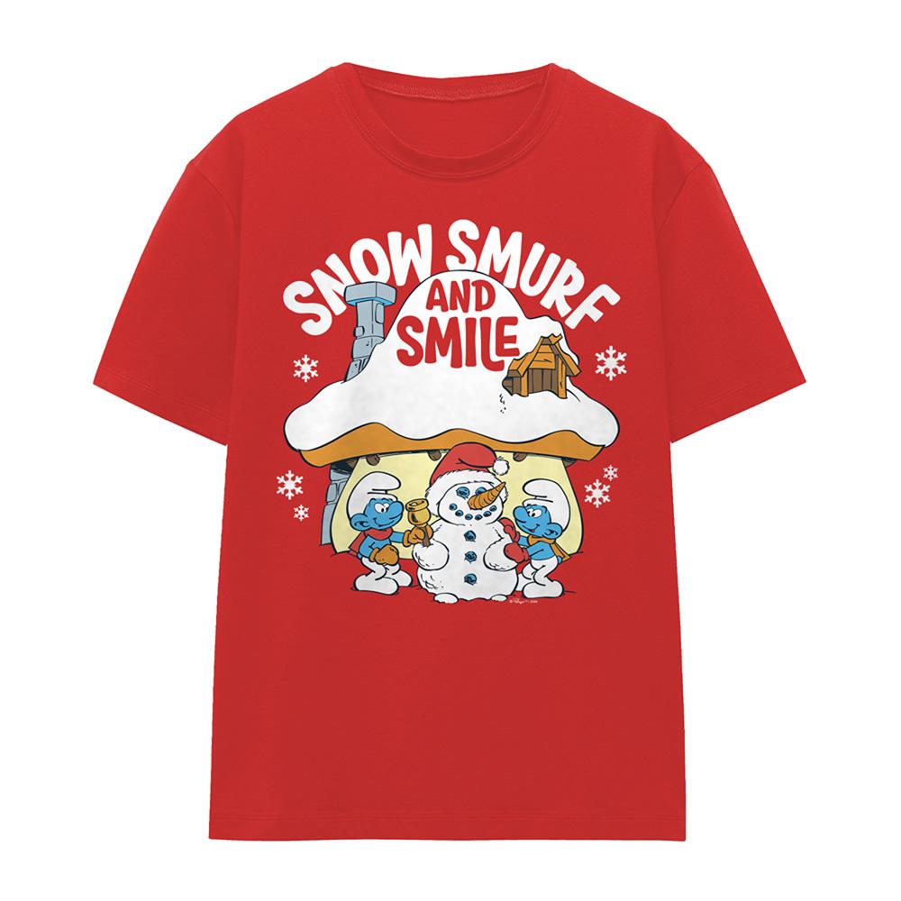Red - Front - The Smurfs Womens-Ladies Snow Smurf And Smile Christmas T-Shirt