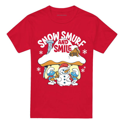 Red - Front - The Smurfs Unisex Adult Snow Smurf And Smile Christmas T-Shirt
