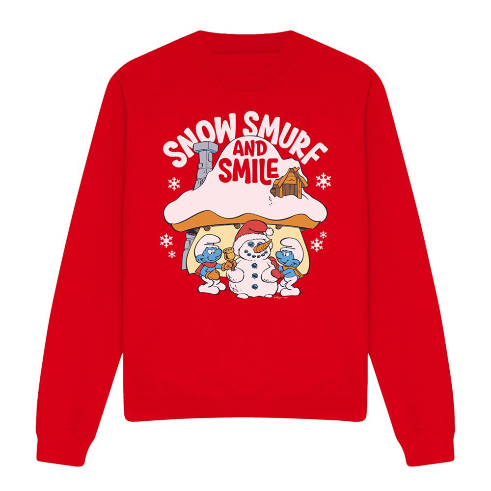 Red - Front - The Smurfs Unisex Adult Snow Smurf And Smile Christmas Sweatshirt