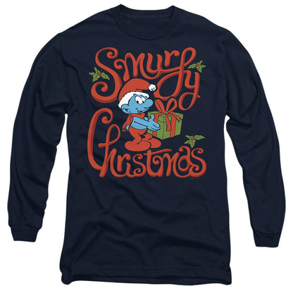 Navy - Front - The Smurfs Unisex Adult Gift Wrap Long-Sleeved T-Shirt