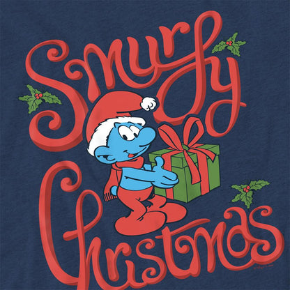 Navy - Side - The Smurfs Unisex Adult Smurfy Christmas Gift Wrap T-Shirt