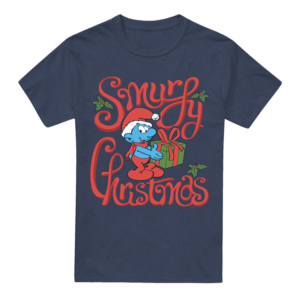 Navy - Front - The Smurfs Unisex Adult Smurfy Christmas Gift Wrap T-Shirt
