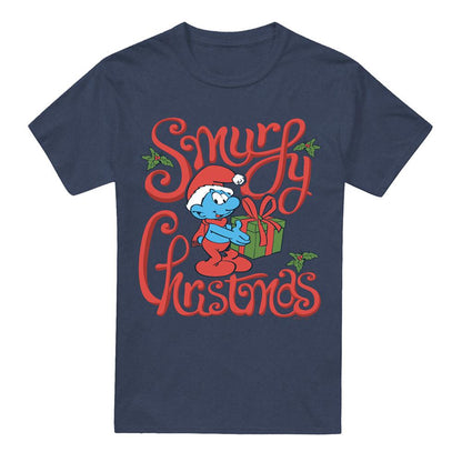 Navy - Front - The Smurfs Unisex Adult Smurfy Christmas Gift Wrap T-Shirt